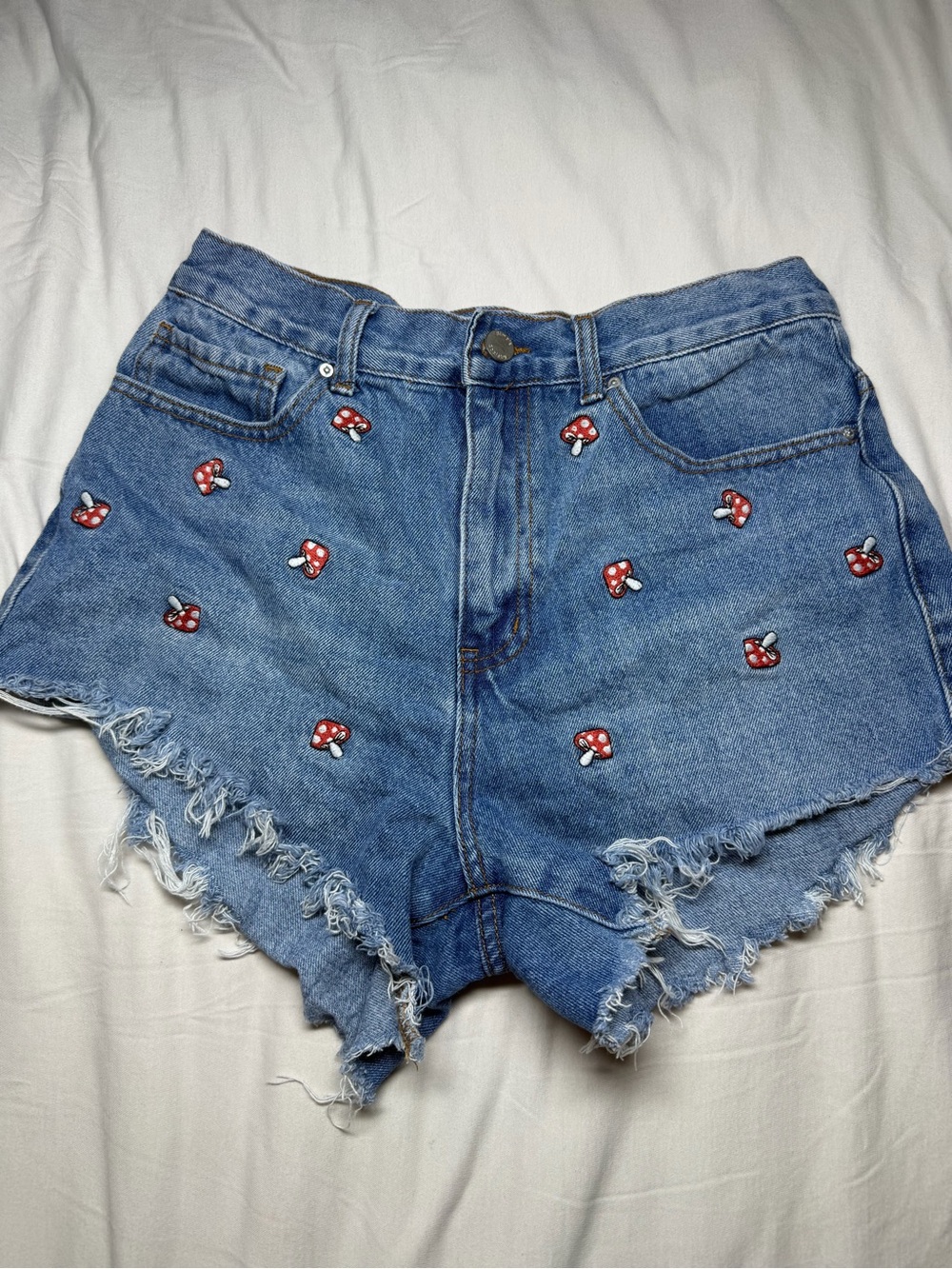 Embroidered Red Mushroom High-Rise Denim Shorts - Blue